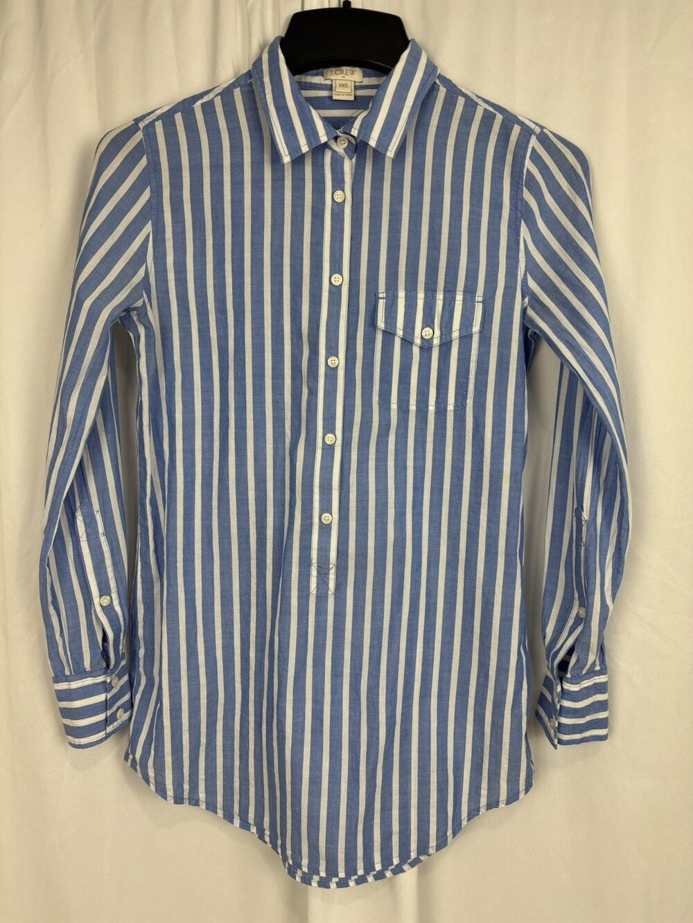 J.Crew Button Up Popover Blue/White Striped LS Women’s Shirt Size XXS Preppy